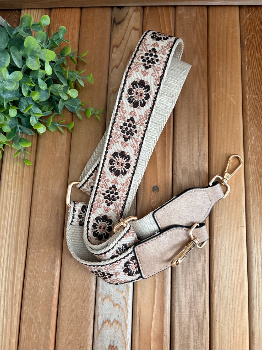 Boho Guitar Strap for Crossbody Bag, Woven Floral Festival Pattern Gold Hardware